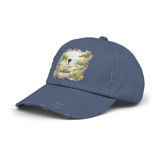 The Ellie- Distressed Blue Stone Cap | Peace in Nature with Floral Artwork | Unisex Summer Hat
