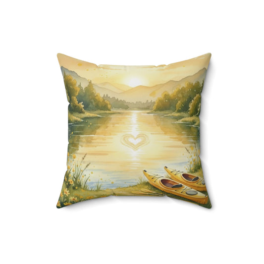 Golden Embrace Kayak Dream: Watercolor Lake Sunset Pillow