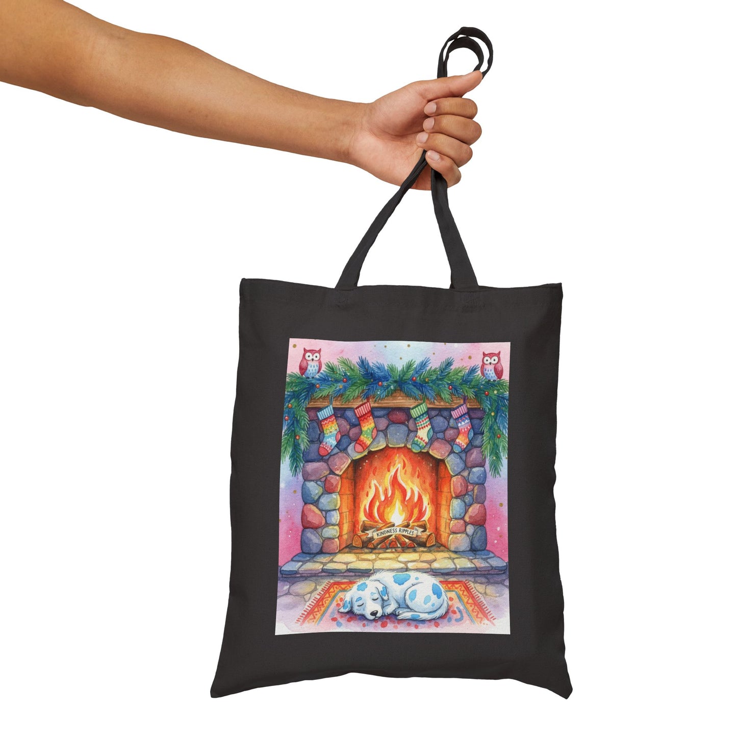 Cozy Holiday Cotton Canvas Tote Bag with Fireplace Design Blue Spotted Puppy Dog