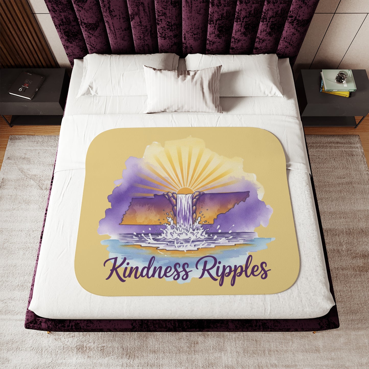 Sherpa Gold Kindness Ripples Retro Watercolor TN Blanket, Cookeville, TN, Waterfall Capital of the World, Purple and Gold
