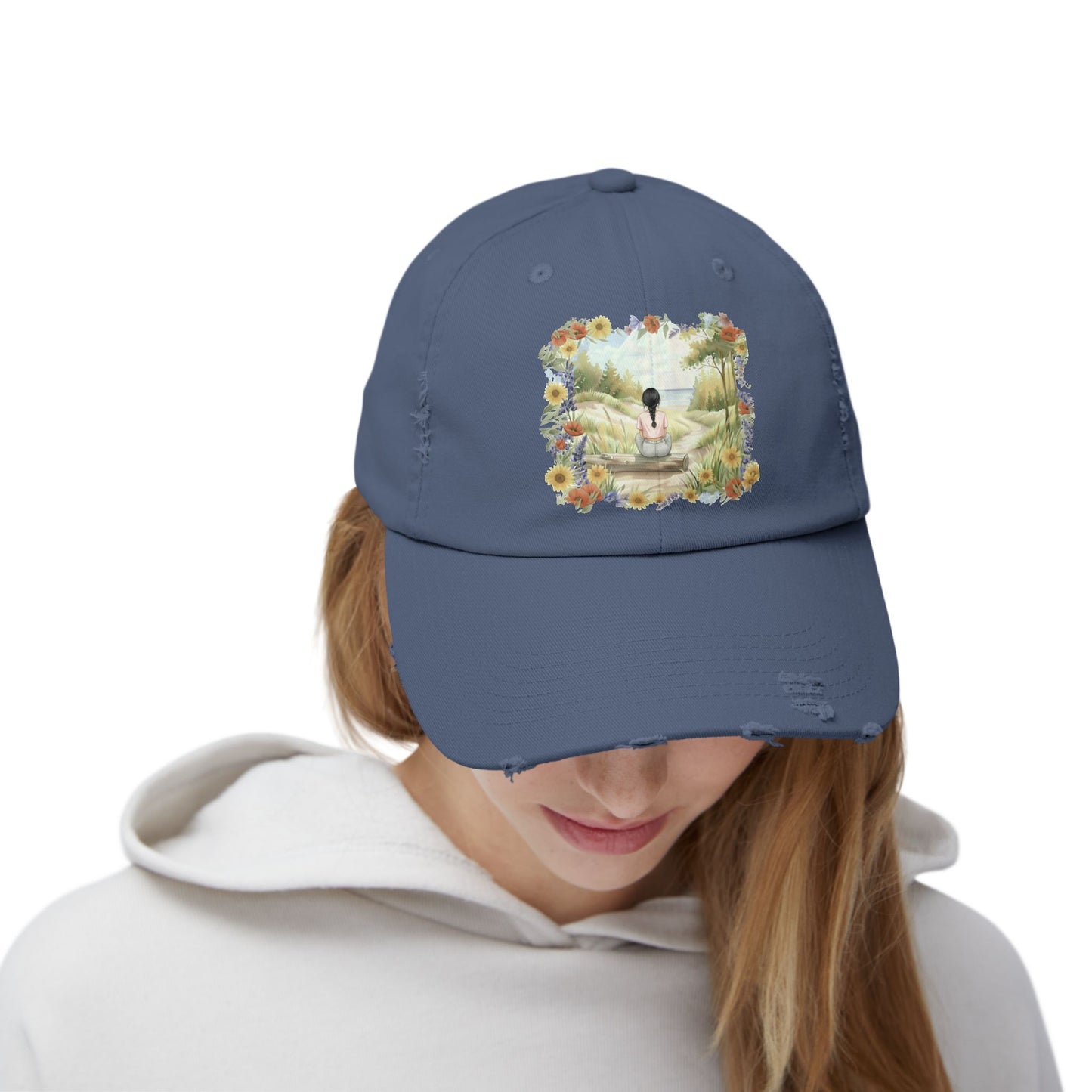 The Ellie- Distressed Blue Stone Cap | Peace in Nature with Floral Artwork | Unisex Summer Hat