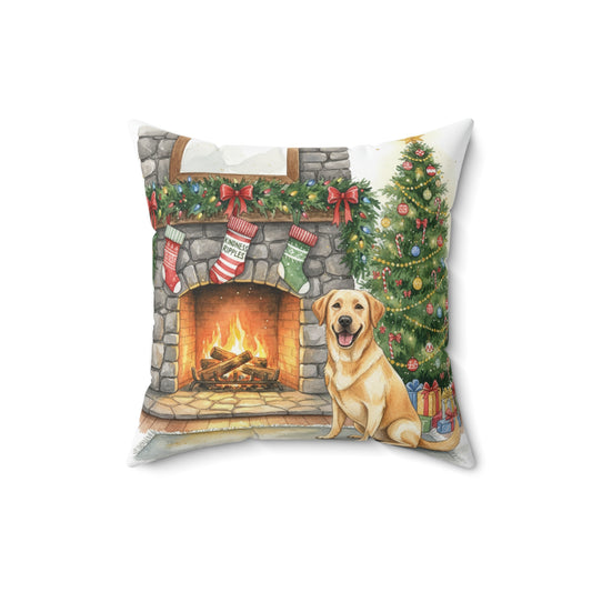 Yellow Lab Christmas Pillow – Holiday Tree & Gifts by the Fire Decorative Throw Pillow