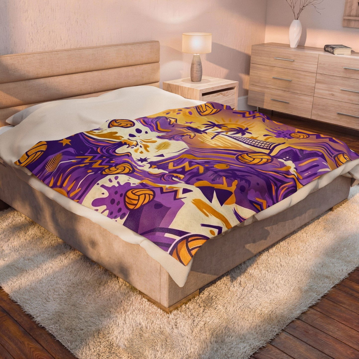 Beach Volleyball Velveteen Plush Blanket — Purple & Gold Coastal Wave Design