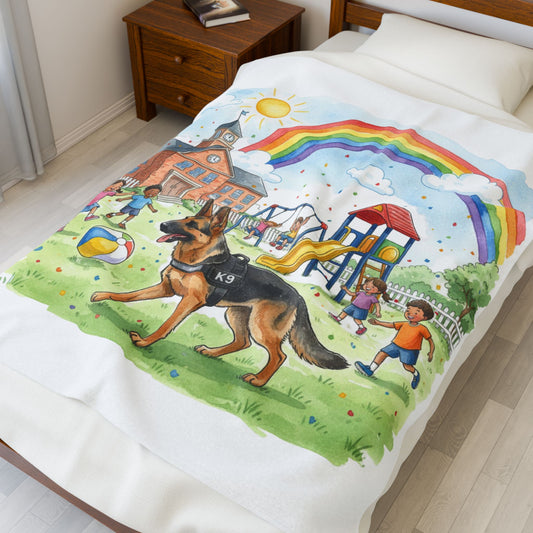 K-9 School Playground Velveteen Plush Blanket β Rainbow, Kids & Police Dog Throw
