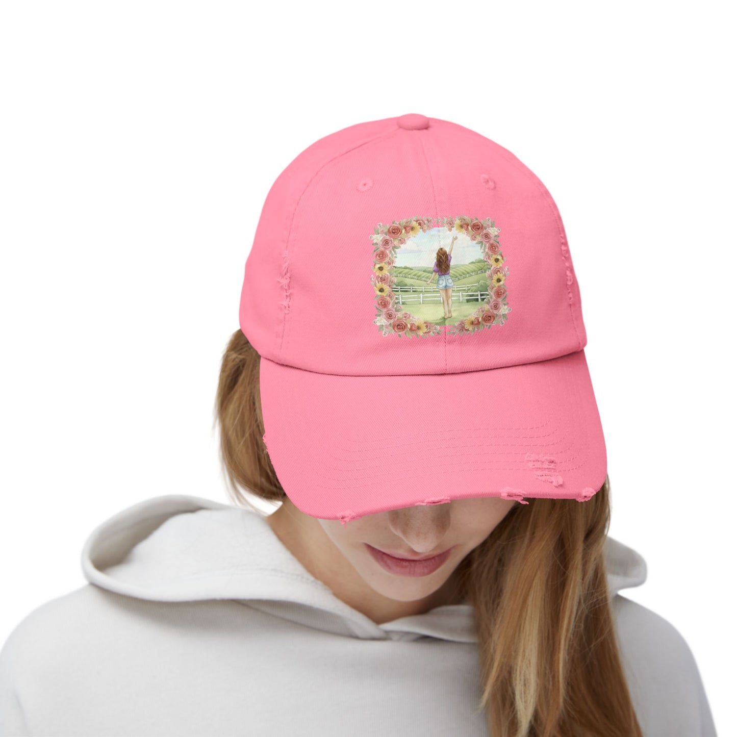 The Molly- Distressed Pink Cap | Rolling Kentucky Hills with Floral Artwork | Unisex Summer Hat