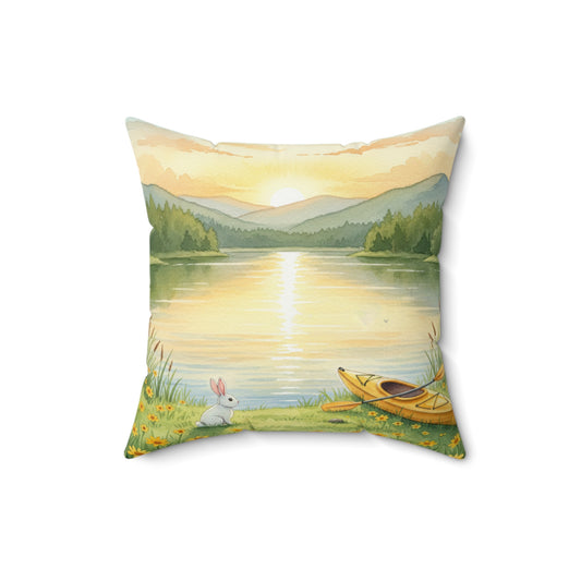 Golden Hour Solace: Watercolor Lakeside Adventure with Bunny Pillow
