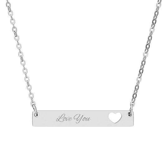 Cutout Heart Bar Necklace — Engraved "Love You" Personalized Pendant