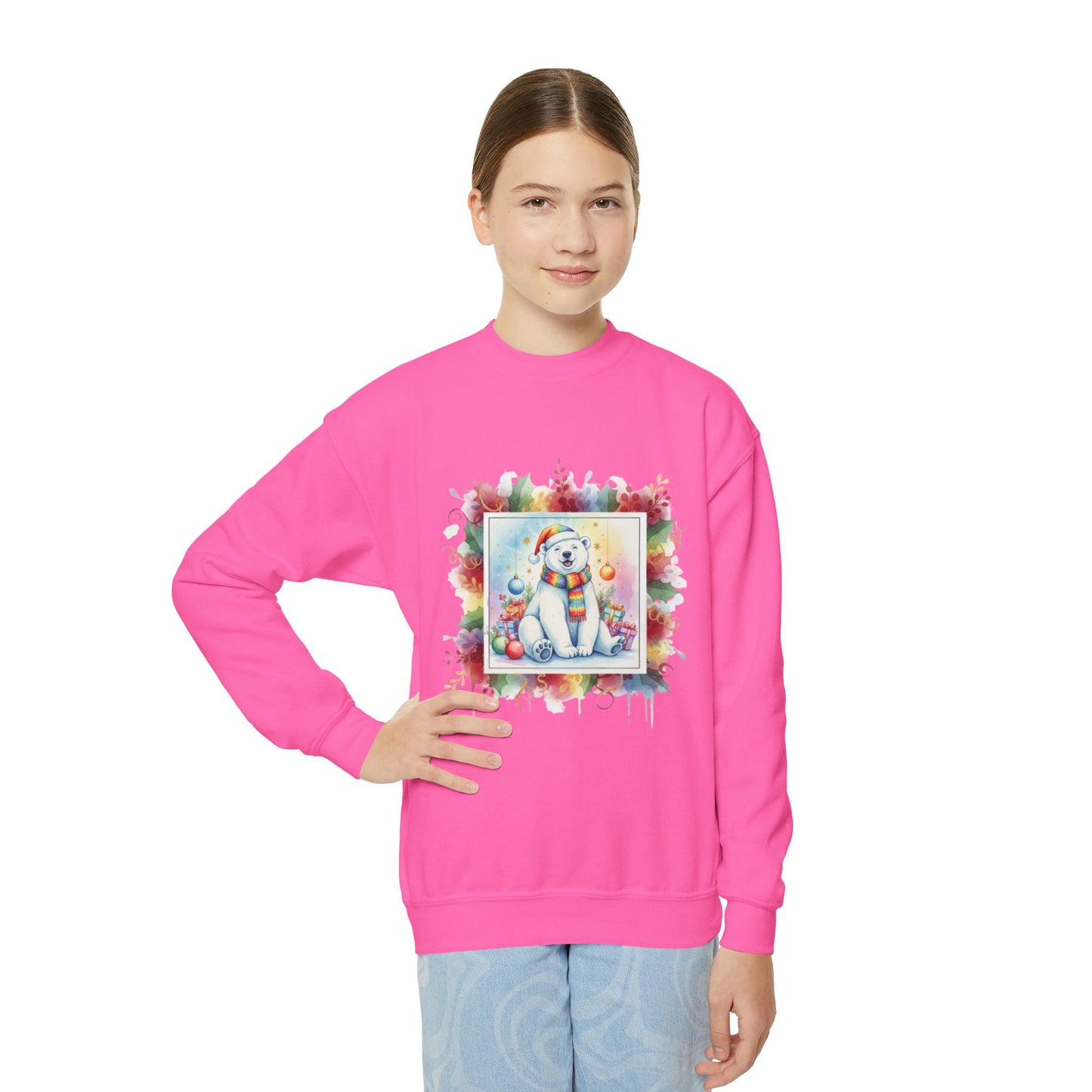 Festive Polar Bear Youth Crewneck Sweatshirt