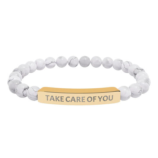 Take Care of You Natural Stone Stretch Bar Bracelet — Engraved Self-Care Jewelry