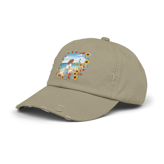The Audrey - Retro Beach Vibe Distressed Cap with Sunflower Design