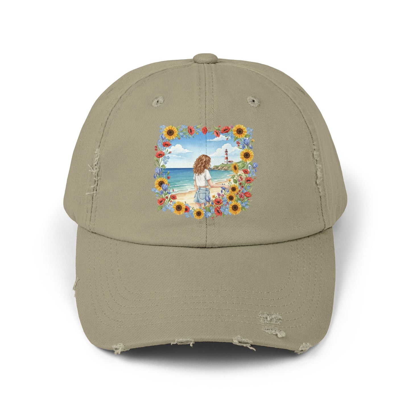 The Audrey - Retro Beach Vibe Distressed Cap with Sunflower Design
