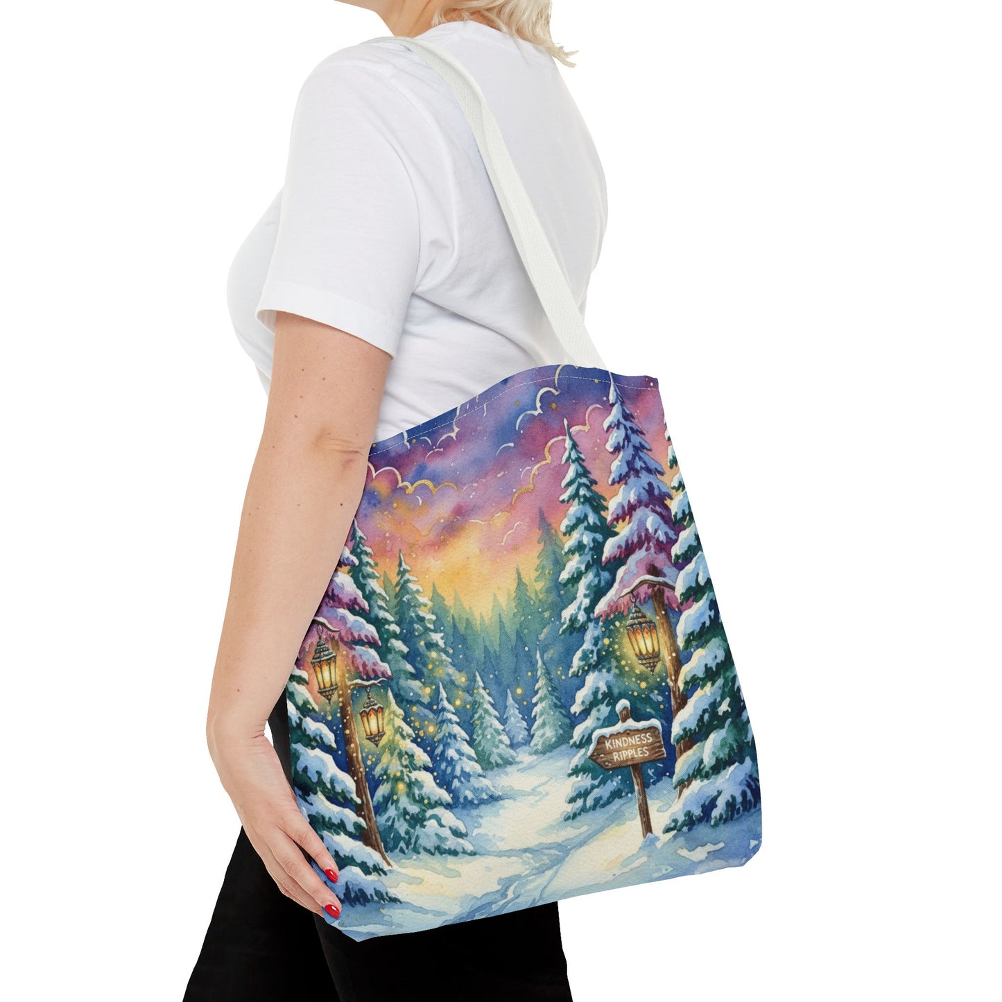 Enchanting Watercolor Winter Wonderland Tote Bag - Festive Holiday Gift & Everyday Carryall | 3 Sizes, Custom Handles