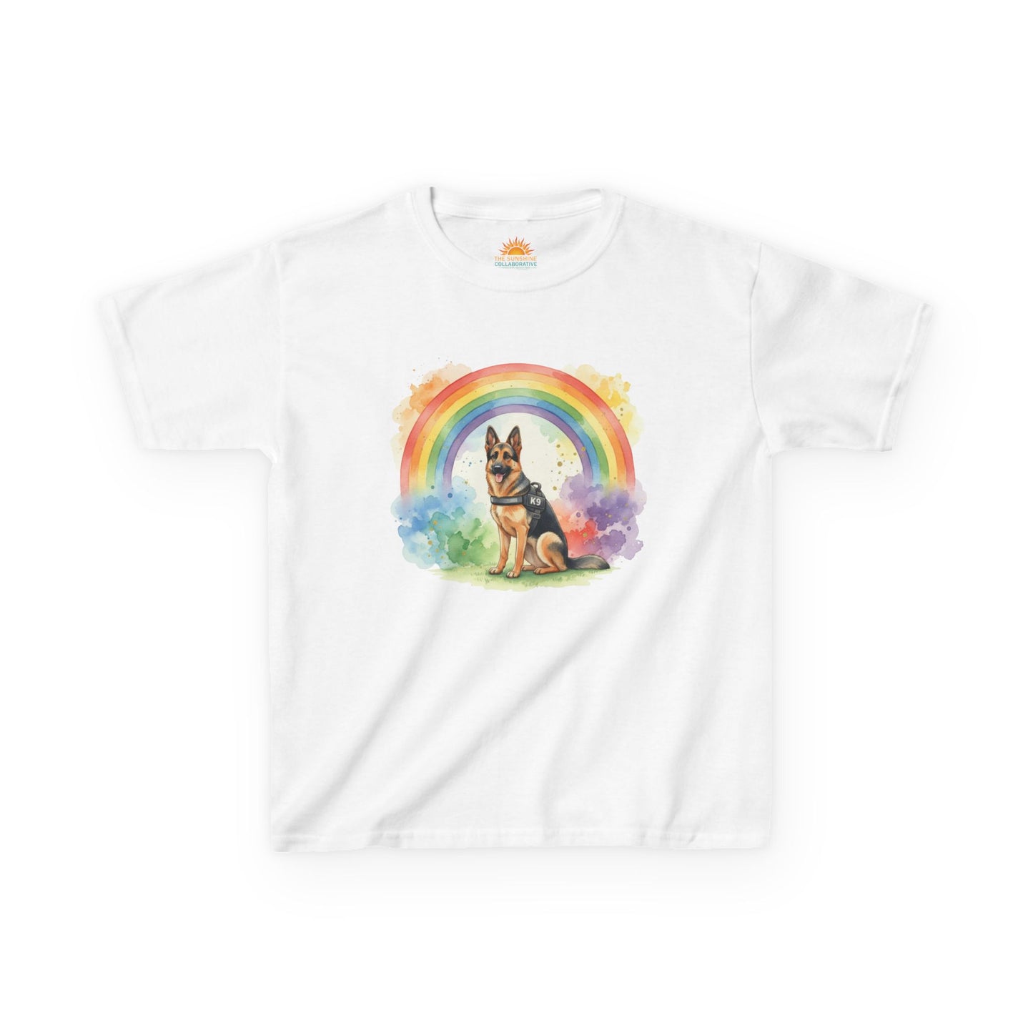 Kids German Shepherd Tee — Rainbow Watercolor Pup T-Shirt