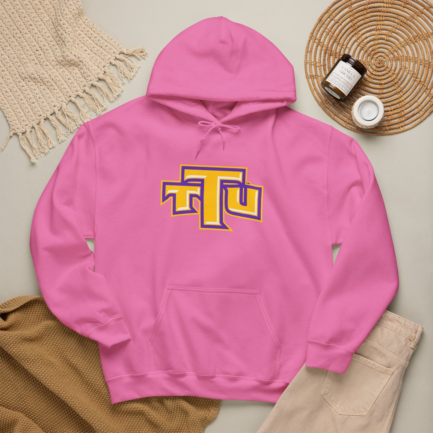 Pink School Logo Hoodie — Retro TTU Initials Pullover