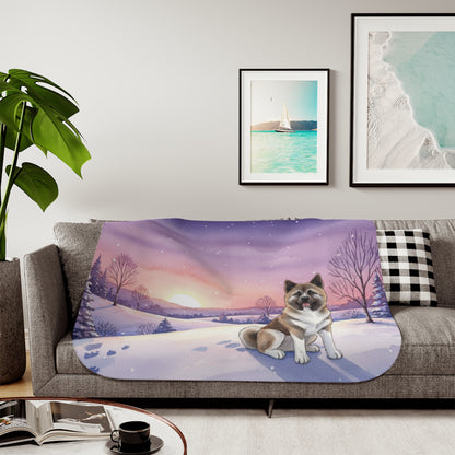 Akita Winter Sunset Sherpa Blanket — Cozy Reversible Throw for Dog Lovers