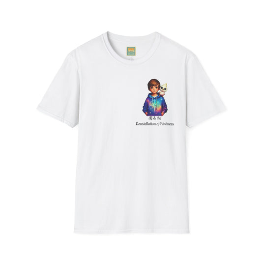 Colorful Inspirational T-Shirt for Dreamers, and Book Lovers Unisex Softstyle Tee, Motivational Gift, Unique Graphic Shirt, Journey to the Heart of [...], Self Care, Emotional Regulation, AJ and Whimsy, AJ & the Constellation of Kindness