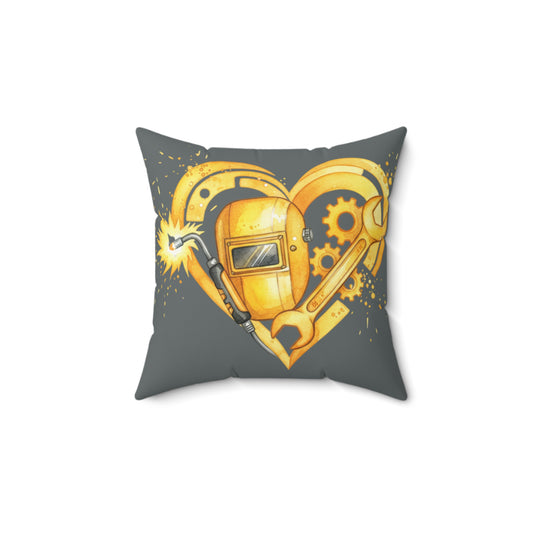 Golden Trades Heart: Welder's Love-Hands-On Heart Watercolor Design Square Pillow