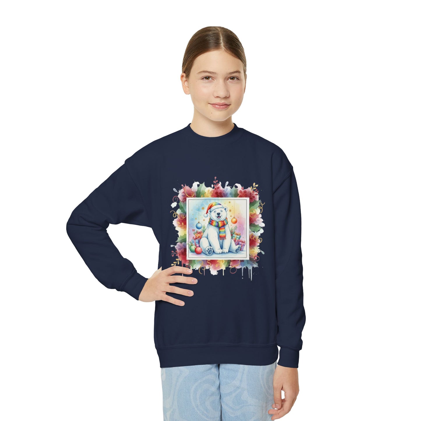 Festive Polar Bear Youth Crewneck Sweatshirt