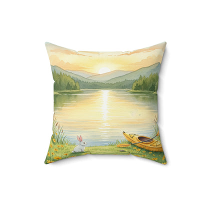 Golden Hour Solace: Watercolor Lakeside Adventure with Bunny Pillow