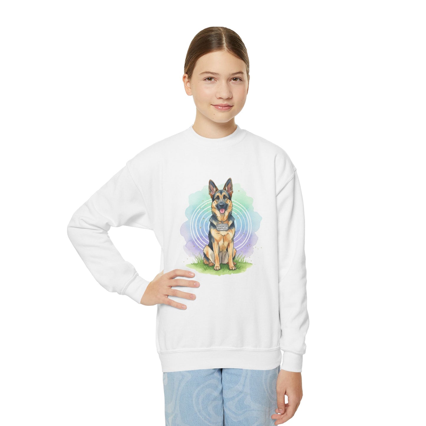 German Shepherd Youth Crewneck Sweatshirt – Watercolor Pawprint Design - Kindness Ripples