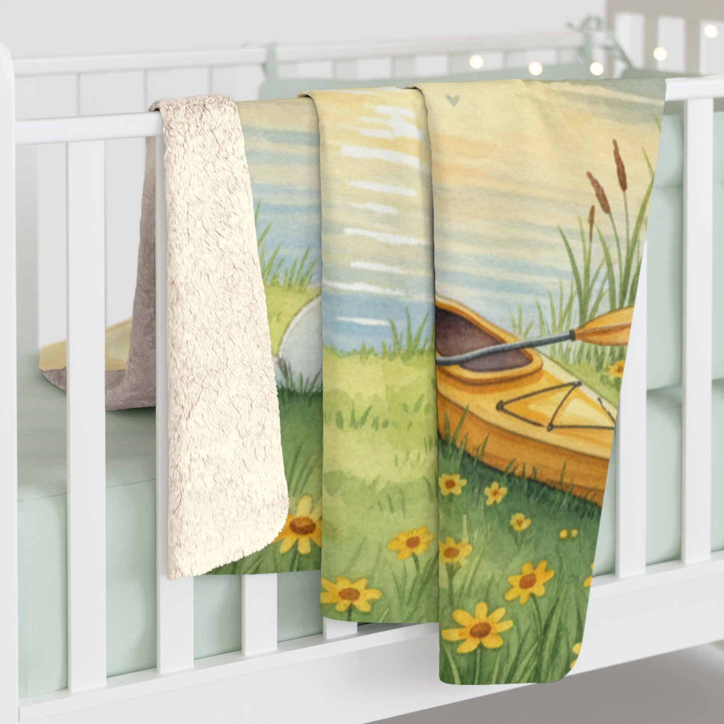 Golden Hour Solace: Watercolor Lakeside Adventure with Bunny Sherpa Blanket