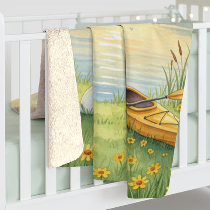 Golden Hour Solace: Watercolor Lakeside Adventure with Bunny Sherpa Blanket
