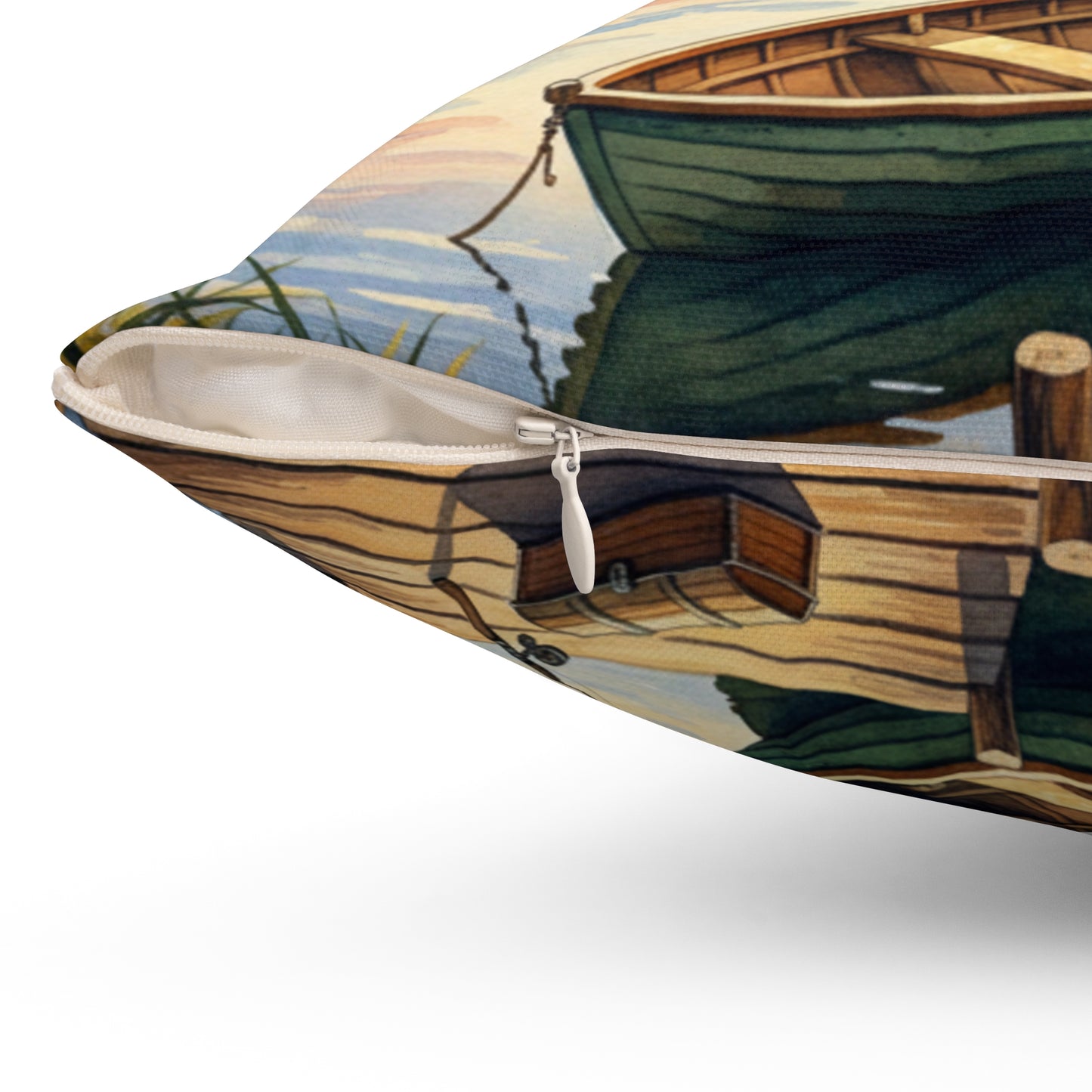 Golden Hour Angler's Dream: Watercolor Lake Sunset Pillow