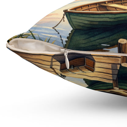 Golden Hour Angler's Dream: Watercolor Lake Sunset Pillow