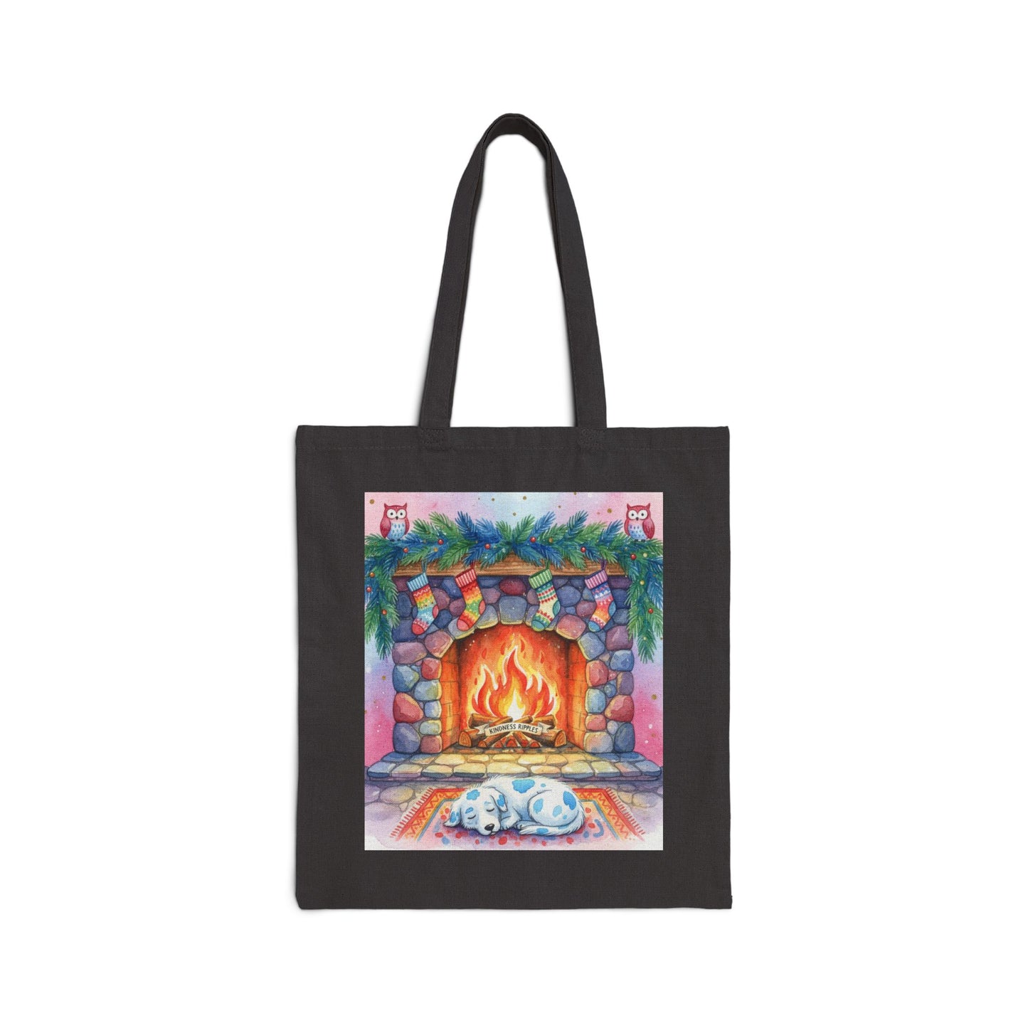 Cozy Holiday Cotton Canvas Tote Bag with Fireplace Design Blue Spotted Puppy Dog