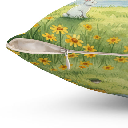 Golden Hour Solace: Watercolor Lakeside Adventure with Bunny Pillow