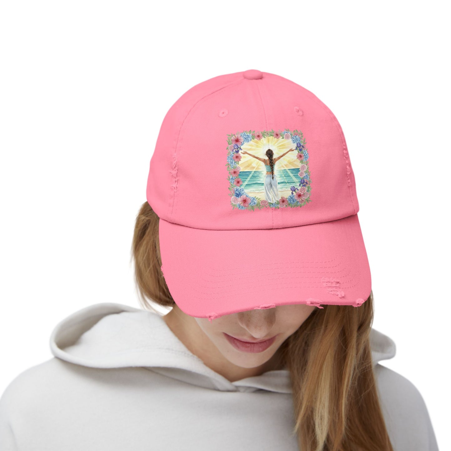 The Vivian - Distressed Pink Cap | Beach Vibes with Floral Artwork | Unisex Summer Hat