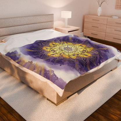 Mandala Velveteen Plush Blanket - Cozy Decorative Throw for Relaxation and Gifts, Purple and Gold, Peaceful, Kindness, Calm