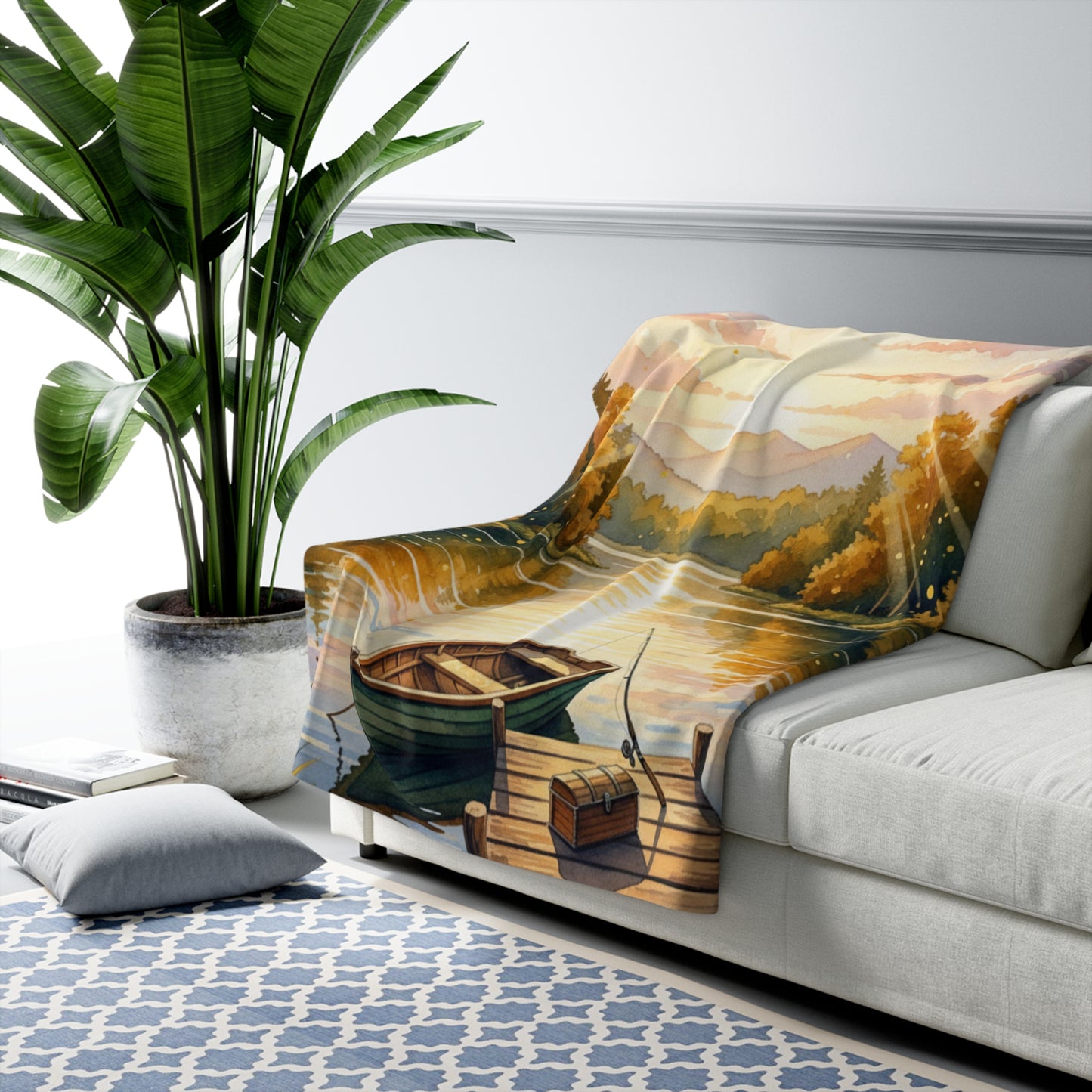 Golden Hour Angler's Dream: Watercolor Lake Sunset Sherpa Blanket