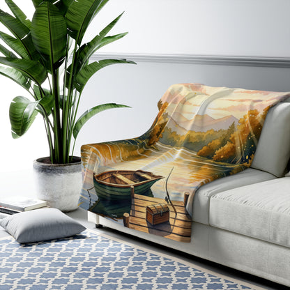 Golden Hour Angler's Dream: Watercolor Lake Sunset Sherpa Blanket