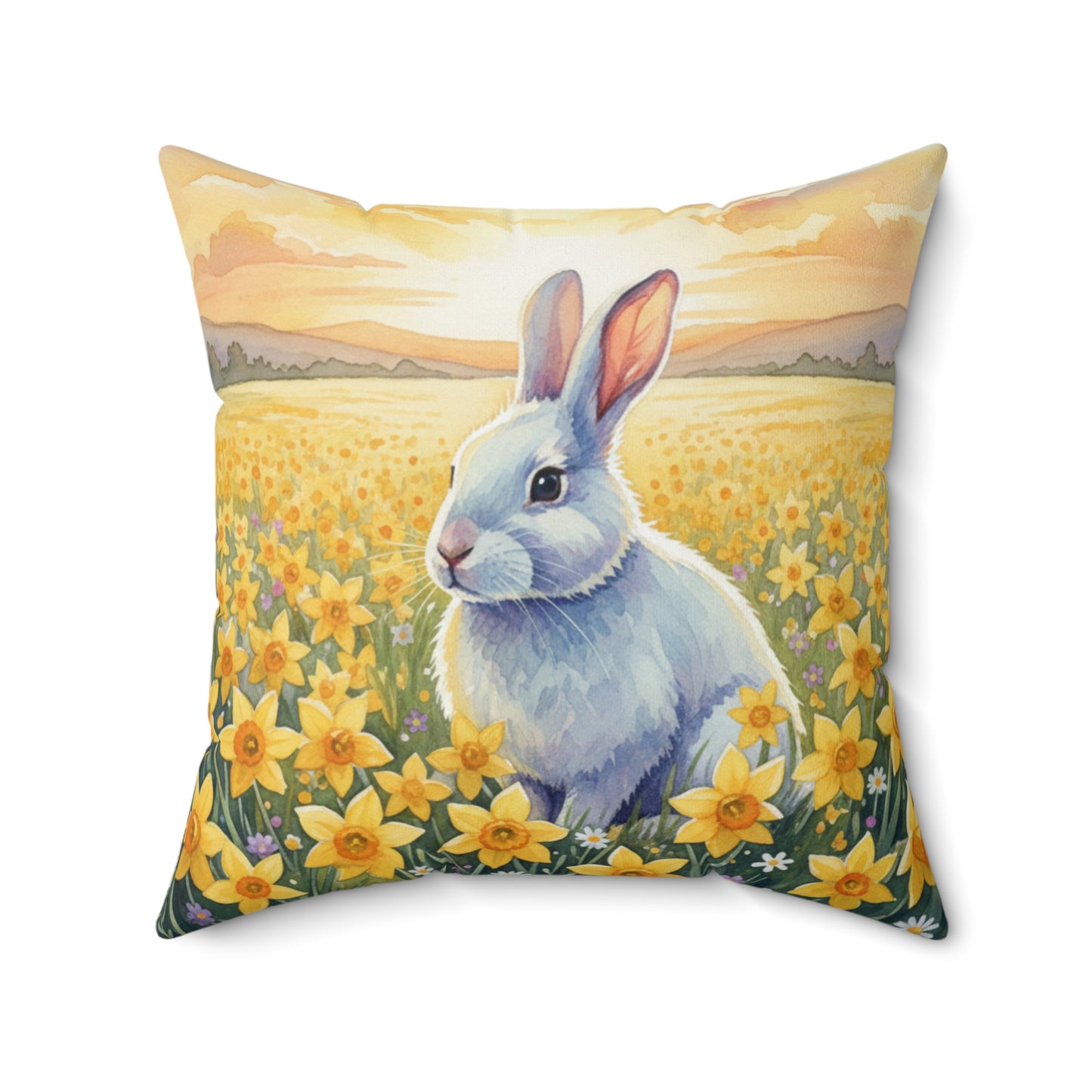 Daffodil Sunset Serenity: Watercolor White Bunny Pillow