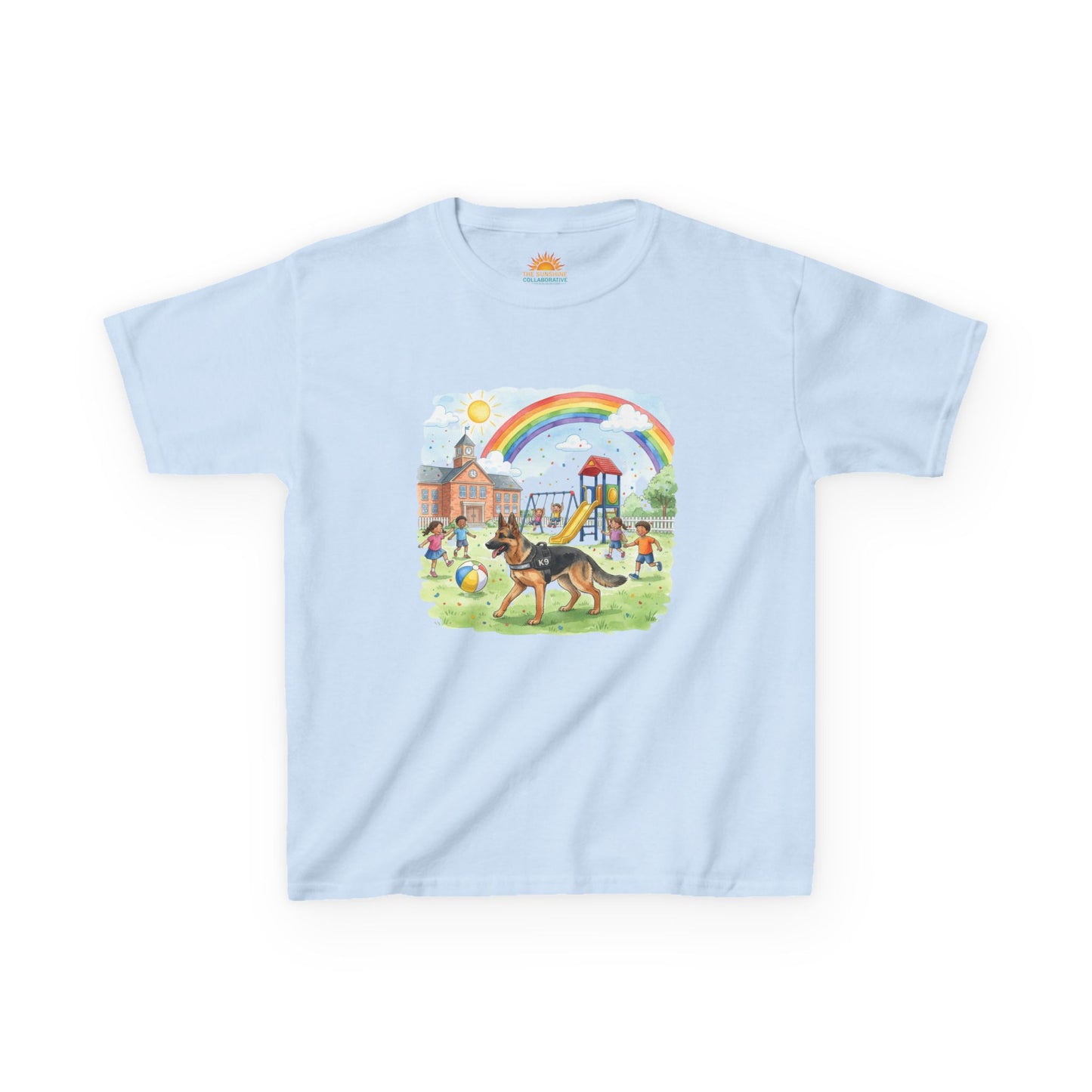 Kids T-Shirt — Playful Park Scene with Rainbow, Playground & Dog