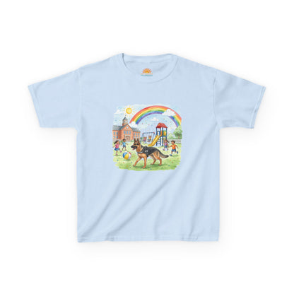 Kids T-Shirt — Playful Park Scene with Rainbow, Playground & Dog