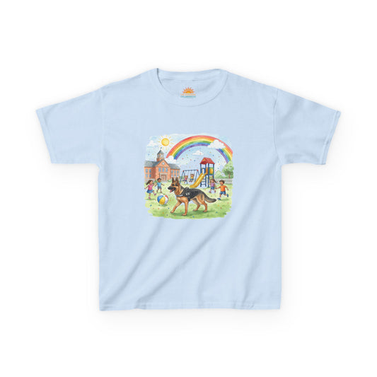 Kids T-Shirt — Playful Park Scene with Rainbow, Playground & Dog