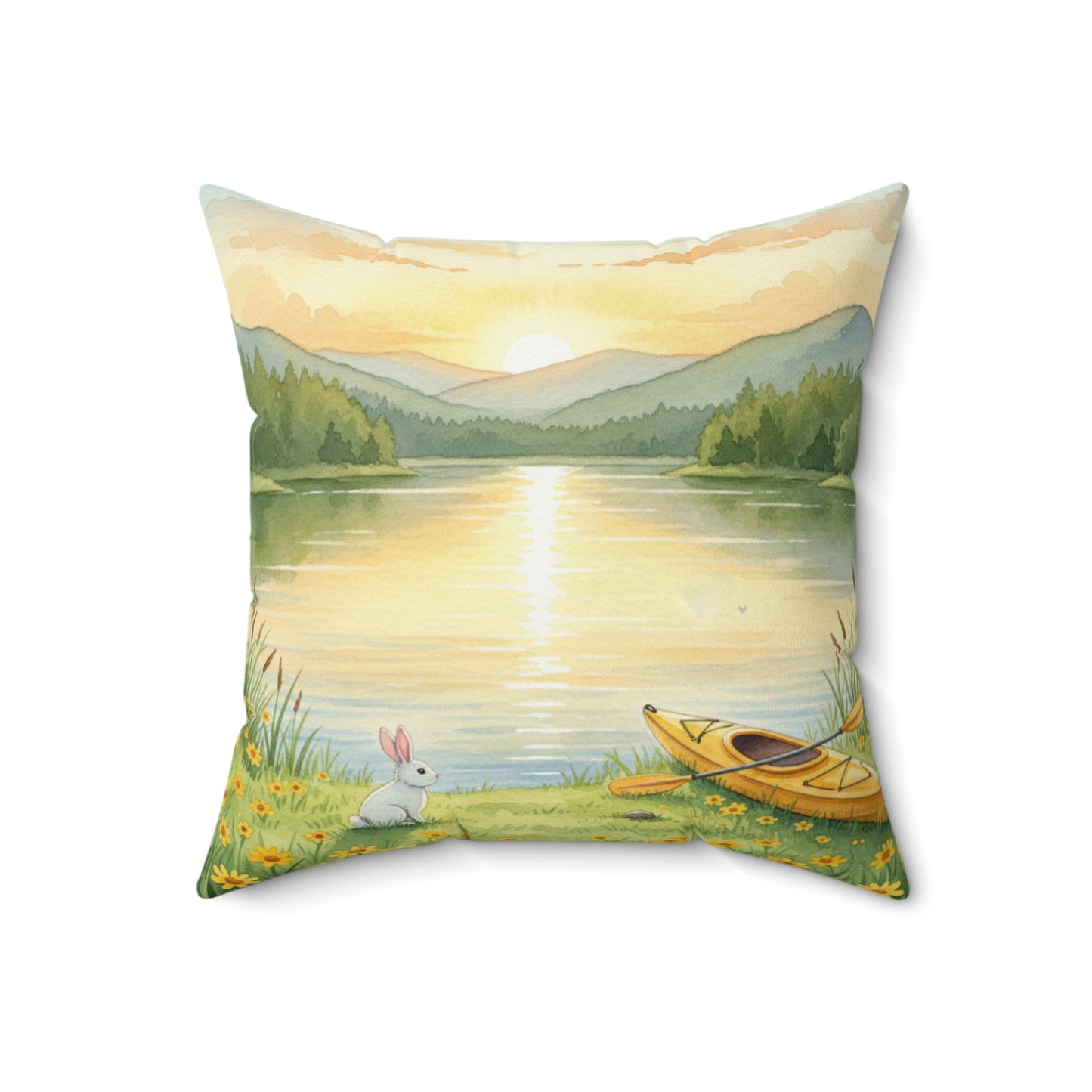 Golden Hour Solace: Watercolor Lakeside Adventure with Bunny Pillow