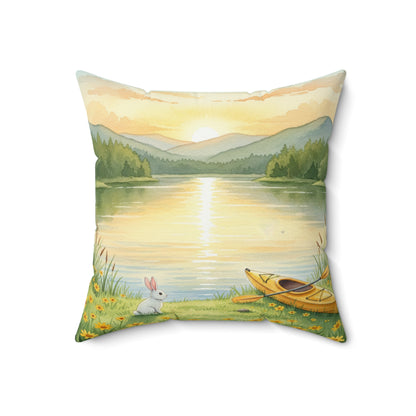 Golden Hour Solace: Watercolor Lakeside Adventure with Bunny Pillow