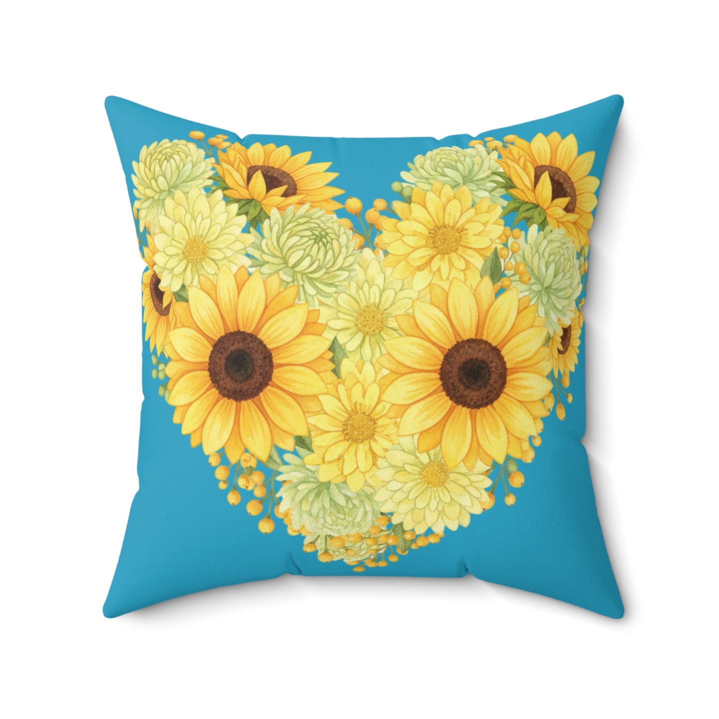 Sunflower Heart Throw Pillow — Yellow Floral Decorative Cushion on Teal Background