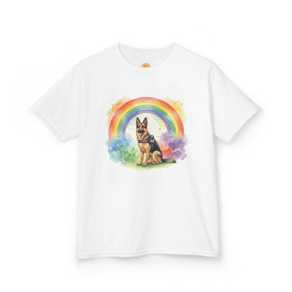 Kids German Shepherd Tee — Rainbow Watercolor Pup T-Shirt