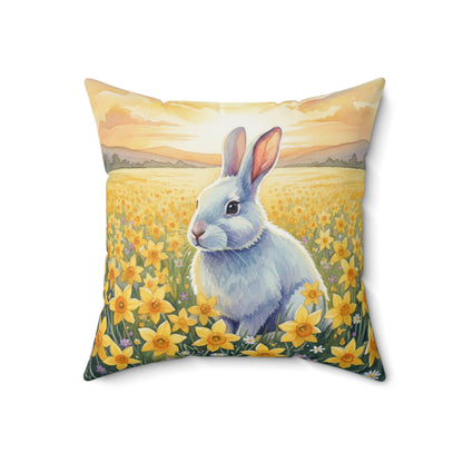 Daffodil Sunset Serenity: Watercolor White Bunny Pillow