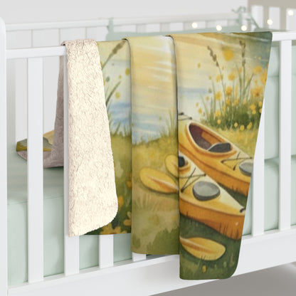 Golden Embrace Kayak Dream: Watercolor Lake Sunset Sherpa Blanket