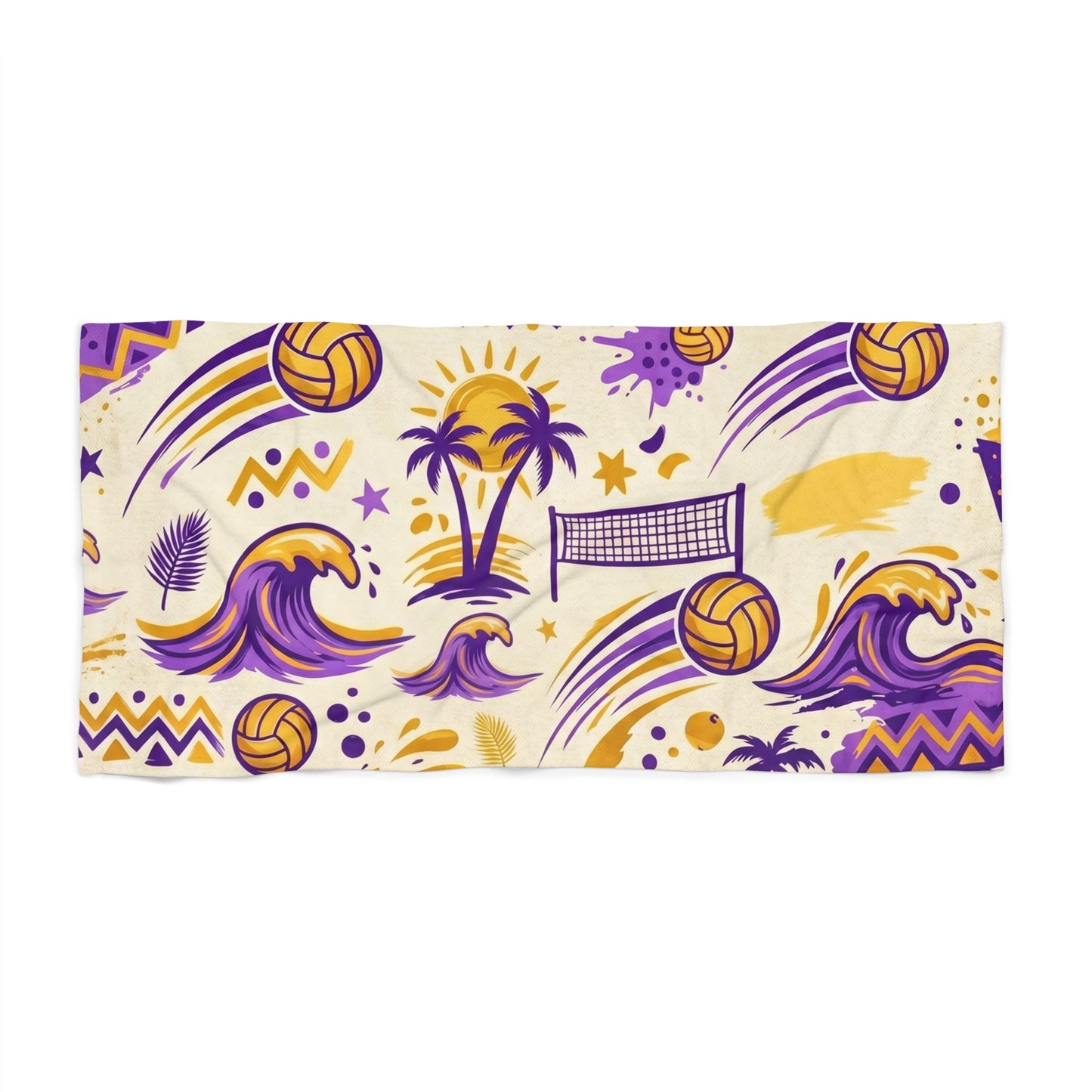 Beach Volleyball Palm Tree Beach Towel — Purple & Gold Wave Design