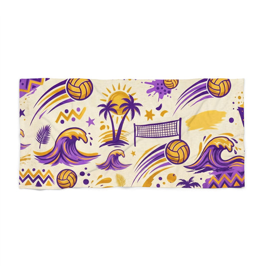 Beach Volleyball Palm Tree Beach Towel — Purple & Gold Wave Design