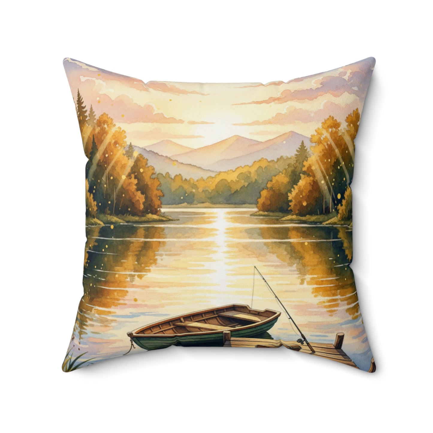 Golden Hour Angler's Dream: Watercolor Lake Sunset Pillow