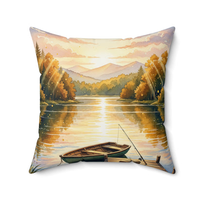 Golden Hour Angler's Dream: Watercolor Lake Sunset Pillow