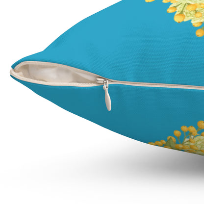 Sunflower Heart Throw Pillow — Yellow Floral Decorative Cushion on Teal Background