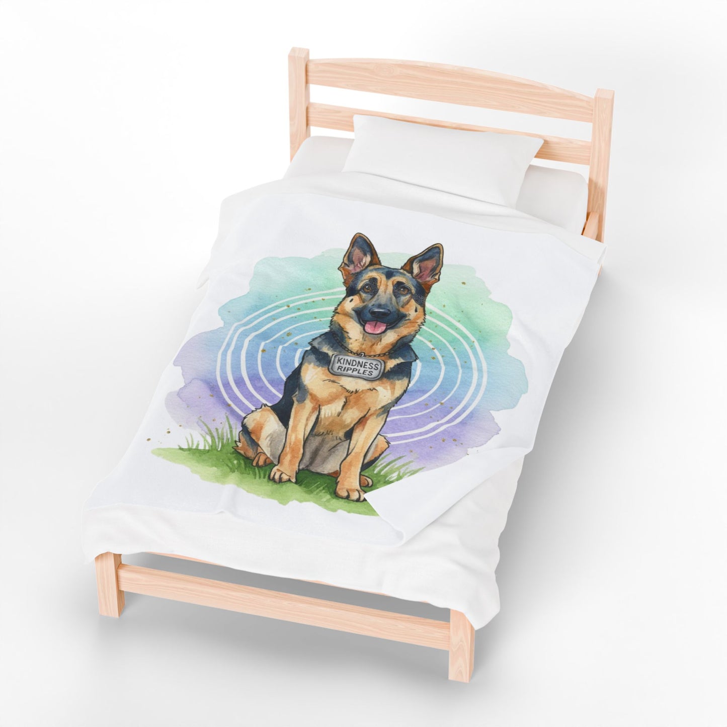German Shepherd Velveteen Plush Blanket – Watercolor Service Dog Design -Kindness Ripples